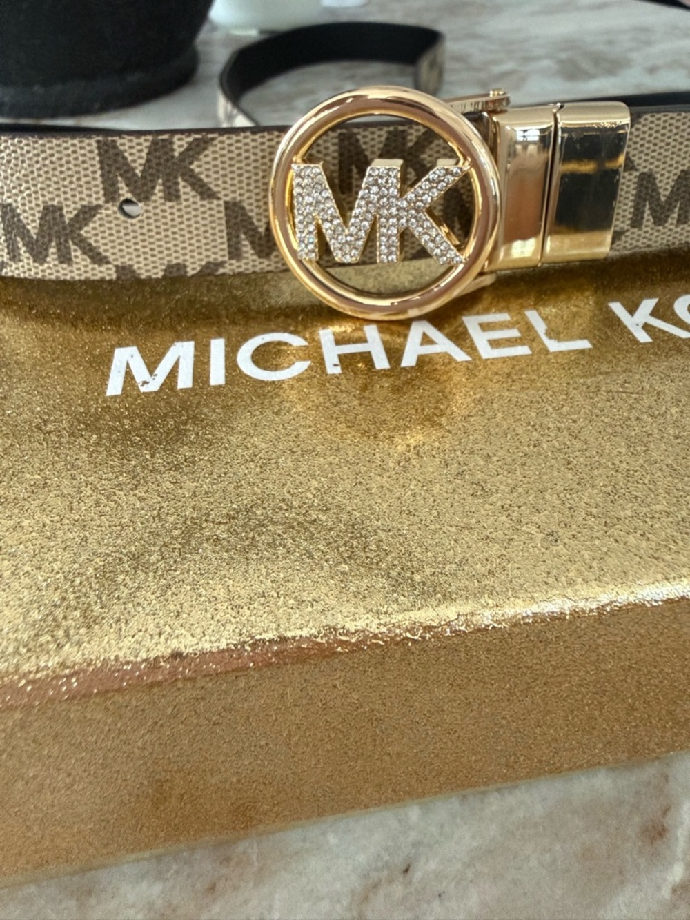 Michael Kors Black and Gold MK Logo Crystal Belt Reversible